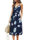 Navy White Floral Summer Short Sleeve V-Neck Floral Casual Ladies Dress with Pockets - OUGES | Women's Casual Dresses