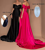 Off Shoulder Long Satin Prom Dresses A-line with Split Pockets Formal and Evening Ball Gowns