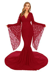 Deep V Neck Lace Gown For Photography Photo Shoot Flared Sleeve With Long Chiffon Train