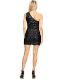 Women's Stretchy One Shoulder Sparkly Sequin Cocktail Party Mini Dress