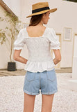 Women Square Neck Smocked Blouse Long Sleeve Shirred Ruffle Peplum Tops | Original Brand | Women's Tops and Blouses