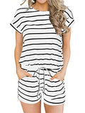 White Black Stripes Summer Crewneck Casual Loose Short Sleeve Jumpsuit Rompers One Piece Pajamas Loungewear with Pockets - ANRABESS | Women's Romper & Jumper Suit