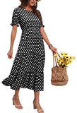 Black Summer Midi Dress Floral Print Boho Dress Ruffle Puff Sleeve High Waist A-Line Casual Boho Cocktail Holiday Beach Long Dress - GRECERELLE | Women's Casual Dresses