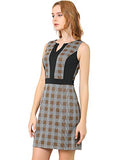 Women's Sleeveless Houndstooth Slim Fit Split Neck Bodycon Office Work Dress