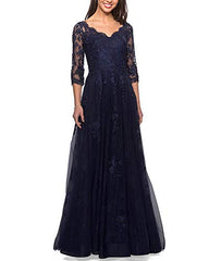 Women's Lace Appliques Mother Of The Bride Dress 3/4 Sleeves Evening Formal Gown With Pockets B096