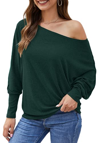 Aifer Women's Off The Shoulder Top Casual Oversized Shirts Loose Tunic Tops Sweater Dark Green | Women's Sweaters