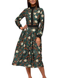Women's Floral Vintage Midi Dress Elegant Work Dress Long Sleeve | Women's Work Dresses
