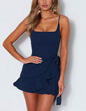 Women's Dress Spaghetti Strap Waist Tie Knot Wrap Front Ruffle Hem Short Dress