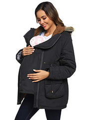 Maacie Womens Maternity 3 in 1 Thickened Outwear Fleece Lined Coat Winter Warm Hooded