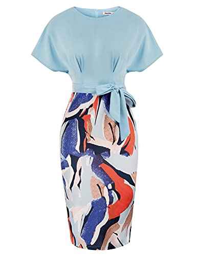 Graffiti Short Sleeve Women's Bodycon Pencil Dress Office Wear to Work Dresses with Pocket Belt - JASAMBAC