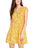 Women's Crossover V Neck Petal Sleeves Belted Floral Flowy Dress | Original Brand