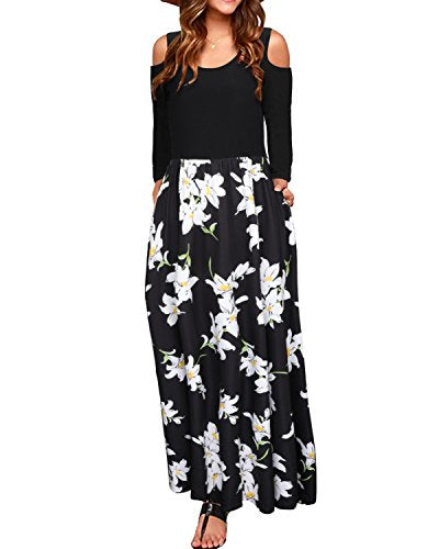 STYLEWORD Women's Cold Shoulder Maxi Dress Long Sleeve Floral Casual Long Dress with Pocket