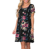 Women Summer Boho Floral Print O-Neck Short Sleeve T Shirt Dress with Pockets | Women's Work Dresses