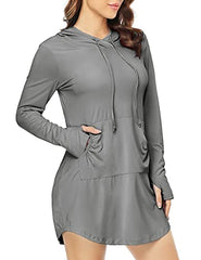 KORALHY Women's UPF 50+ Cover-Up Dress Quick Dry Sun Protection Beach Athletic Hoodies Shirts with Thumb Holes Pocket