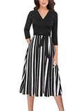 Vfshow Womens Elegant Patchwork Pockets Print Work Casual A-Line Midi Dress | Women's Casual Dresses