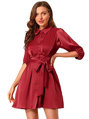 Allegra K Women's Elegant Half Sleeve Solid Pleated Waist Belted Button Down Shirt Dress | Women's Casual Dresses