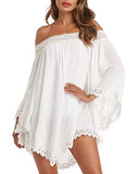 Women Off Shoulder Mini Dress Irregular Lace Chiffon Tunic Tops Shirt Casual Loose Summer Beachwear Cover Up