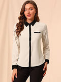 Women's Contrast Collar Shirt Chiffon Long Sleeve Work Office Blouse | Original Brand