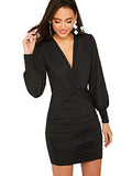 Women's Deep V Neck Twist Front Ruched Long Sleeve Mini Bodycon Dress