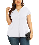 White Short Sleeve Women's Plus Size Short Sleeve Shirt Button Down V Neck Tops Casual Blouses with Procket - TIANZHU | Women's Tops and Blouses