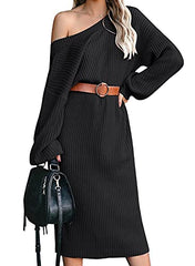 Utyful Women's Long Sleeve Crew Neck Soft Pullover Knee Length Midi Sweater Dress