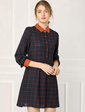 Women's Plaid Vintage Casual Loose Fit Half Placket Contrast Collar Dress