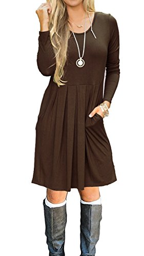 LILBETTER Women's Long Sleeve Pleated Loose Swing Casual Dress with Pockets Knee Length