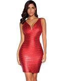 Women's Rayon Sexy V-Neck Bandage Bodycon Strap Foil Club Dress