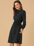 Women's Mock Neck Knee Length Long Sleeve A-line Floral Dress | Original Brand