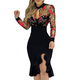 Wedding Guest Dresses For Women Sexy See Through Long Sleeve Slit Ruffles Hem Floral Slim Lace Bodycon Cocktail Dress | Women's Casual Dresses