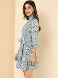 Women's Floral 3/4 Bell Sleeve Smocked Belted Flare Ruffle Dress | Original Brand