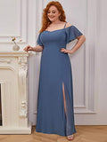 Women's Plus Size Off-Shoulder Side Slit Chiffon Bridesmaid Dresses with Sleeves - Sara Clothes