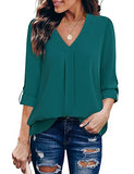 Dark Cyan Womens 3/4 Cuffed Sleeve Chiffon Printed V Neck Casual Blouse Shirt Tops - Youtalia | Women's Tops and Blouses
