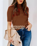 LIYOHON Womens Tops Dressy Casual Fall Cute Tops Mock Turtleneck Business White T Shirts Brown-M | Women's Casual Dresses