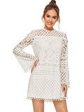 Women's Crochet Pom-pom Sheer Lace Bell Sleeve Dress