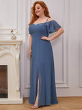 Women's Plus Size Off-Shoulder Side Slit Chiffon Bridesmaid Dresses with Sleeves - Sara Clothes