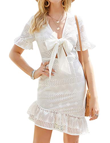 Women Tie Front Ruffle Sleeve Dress Hollow Out Deep V Neck Mini Mermaid Dresses | Women's Casual Dresses