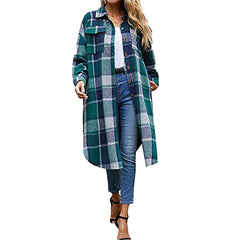 Green Ladies Casual Wool Blend Long Plaid Shirt Jacket Button Down Pocketed Shirt Shacket - Ainangua Womens Fall Fashion | Women's Coat & Jacket