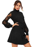 Women's Mesh Bishop Sleeve Mock Neck Solid Tunic Short Dress | Women's Evening Gowns