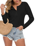 WNEEDU Women's Long Sleeve Waffle Knit Tunic Blouse Casual Button Up Henley Shirts Plain Tops Black M | Women's Sweaters