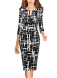 Black And White Geometric Print Womens Front Zipper Slim Work Office Business Cocktail Party Pencil Dress Vfshow