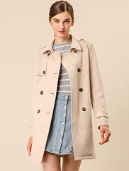 Women's Notched Lapel Double Breasted Faux Suede Trench Coat with Belt | Women's Coat & Jacket