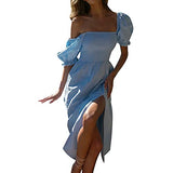 Ladies Summer Casual Short Sleeve O-Neck Solid Dresses Cotton and Line Slim Dress Bodycon Dress Office Wear for Casual Club Cocktail Evening Gowns Work UK Size 8-26 | Women's Work Dresses