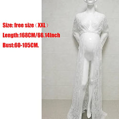 Women Photography Lace Dress,  White See-through Maxi Dress With Long Sleeve V-neck Split Front Lace