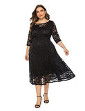 Women Plus Size Floral Lace 3/4 Sleeve Party Wedding Cocktail Midi Dress With Pockets | Women's Casual Dresses