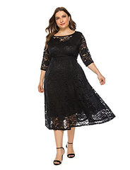 Women Plus Size Floral Lace 3/4 Sleeve Party Wedding Cocktail Midi Dress With Pockets