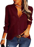 Wine Red Womens Casual Button Down Shirts V Neck Chiffon Long Sleeve Collared Office Work Blouses Tops with Pocket - AISEW | Women's Tops and Blouses