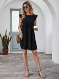 Womens Summer Dress Sleeveless Ruffle Sleeve Round Neck Mini Dress Solid Color Loose Fit Short Flowy Pleated Dress