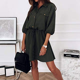 Spring Summer Ladies Lapel Solid 3/4 Sleeve Drawstring Dress Bodycon Dress Office Wear for Casual Club Cocktail Evening Gowns Work UK Size 8-26 | Women's Work Dresses