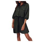 Spring Summer Ladies Lapel Solid 3/4 Sleeve Drawstring Dress Bodycon Dress Office Wear for Casual Club Cocktail Evening Gowns Work UK Size 8-26 | Women's Work Dresses